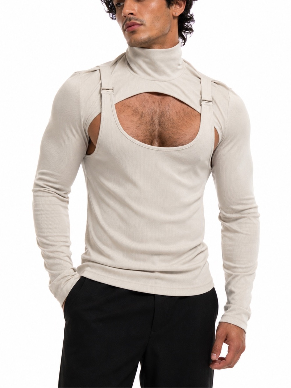 Shein Shirt Stretch Muscle Large Turtleneck Cut Outs Reveal Large Beige Club